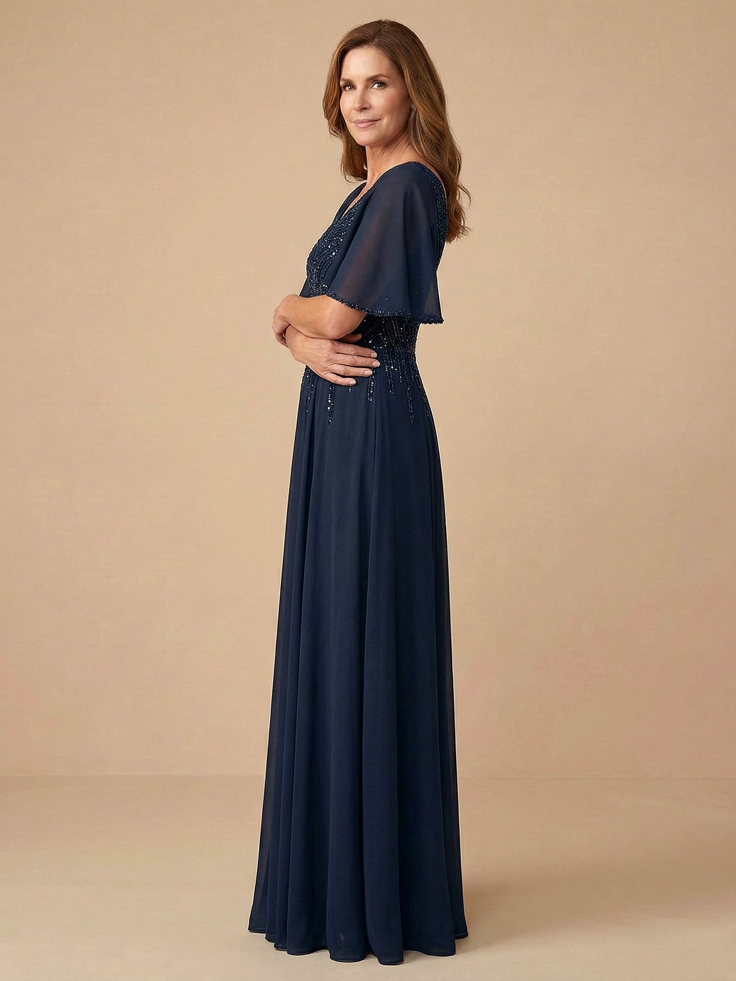 Flare Sleeves Sparky Sequins A Line Chiffon Mother of the Brides Dresses