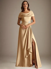 A-Line Scoop Floor-Length Stretch Satin Mother of the Bride Dress With Cascading Ruffles