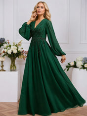 A-line V-Neck Floor-Length Chiffon Evening Dress With Pleated Sequins Beading