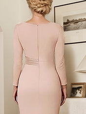 Elegant Blush Satin Sheath Mother of the Bride Dress with Long Sleeves