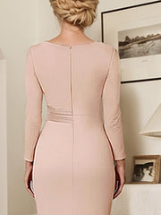 Elegant Blush Satin Sheath Mother of the Bride Dress with Long Sleeves