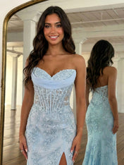 Strapless Corset Lace Floral Prom Dress with Thigh-High Slit