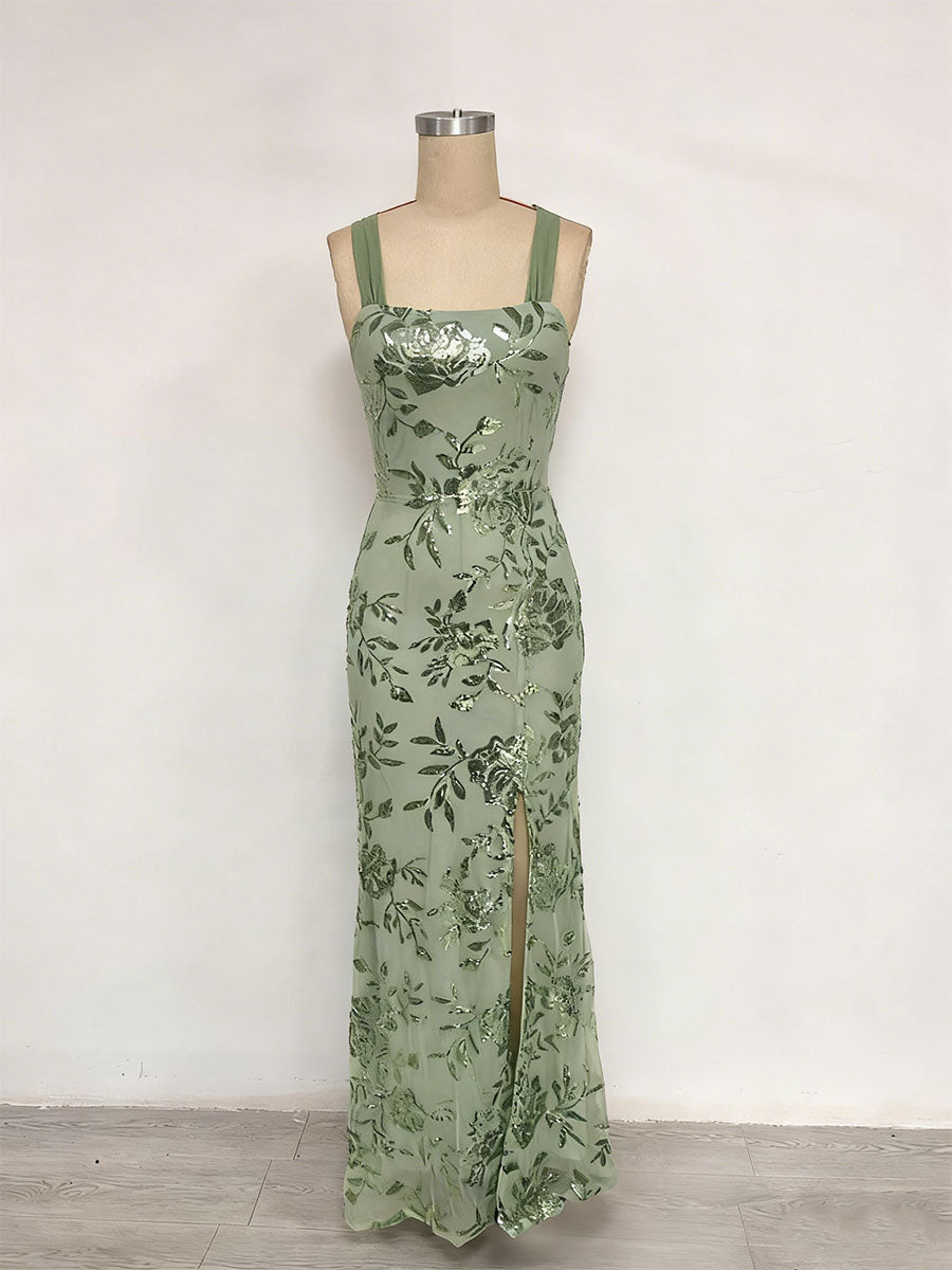 Lavender Square Neckline Floral Sequin Column Prom Dress with Wide Straps