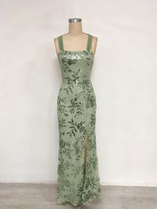 Lavender Square Neckline Floral Sequin Column Prom Dress with Wide Straps