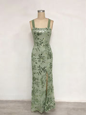 Lavender Square Neckline Floral Sequin Column Prom Dress with Wide Straps