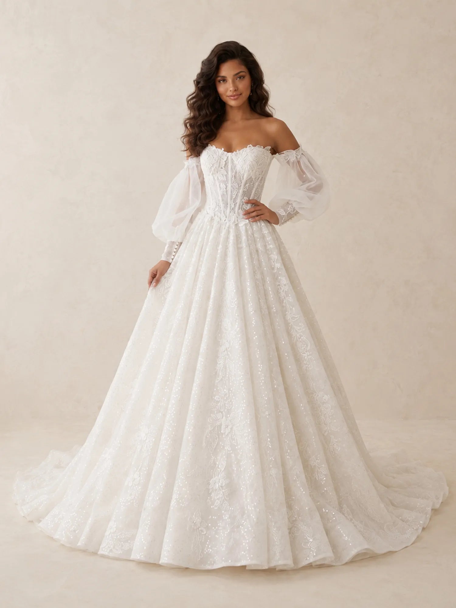Elegant Off-The-Shoulder Long-Sleeve Lace Ball Gown Wedding Dress with Chapel Train