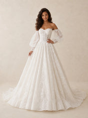 Elegant Off-The-Shoulder Long-Sleeve Lace Ball Gown Wedding Dress with Chapel Train