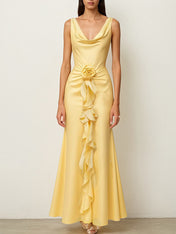 Yellow Satin Cowl Neck Sleeveless Floor Length Dress With Floral Ruffled