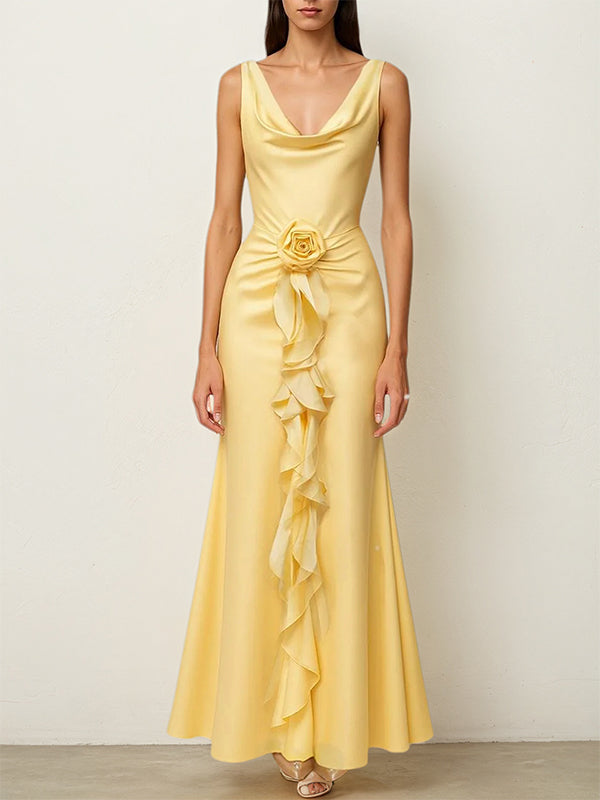 Yellow Satin Cowl Neck Sleeveless Floor Length Dress With Floral Ruffled