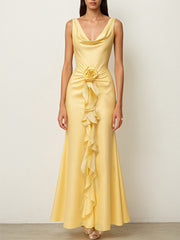 Yellow Satin Cowl Neck Sleeveless Floor Length Dress With Floral Ruffled
