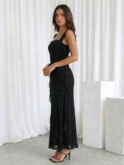 Black Ruffle Chiffon Ankle Length Maxi Dress with Slit
