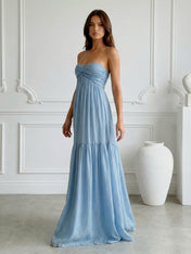 Blue Strapless Sweetheart Chiffon Maxi Dress with Pleat