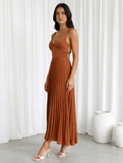 Orange V Neck Regular Straps A Line Maxi Dress with Pleat