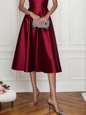 Wine Red Mesh Satin Crew Neck Short Sleeve A-Line Midi Dress