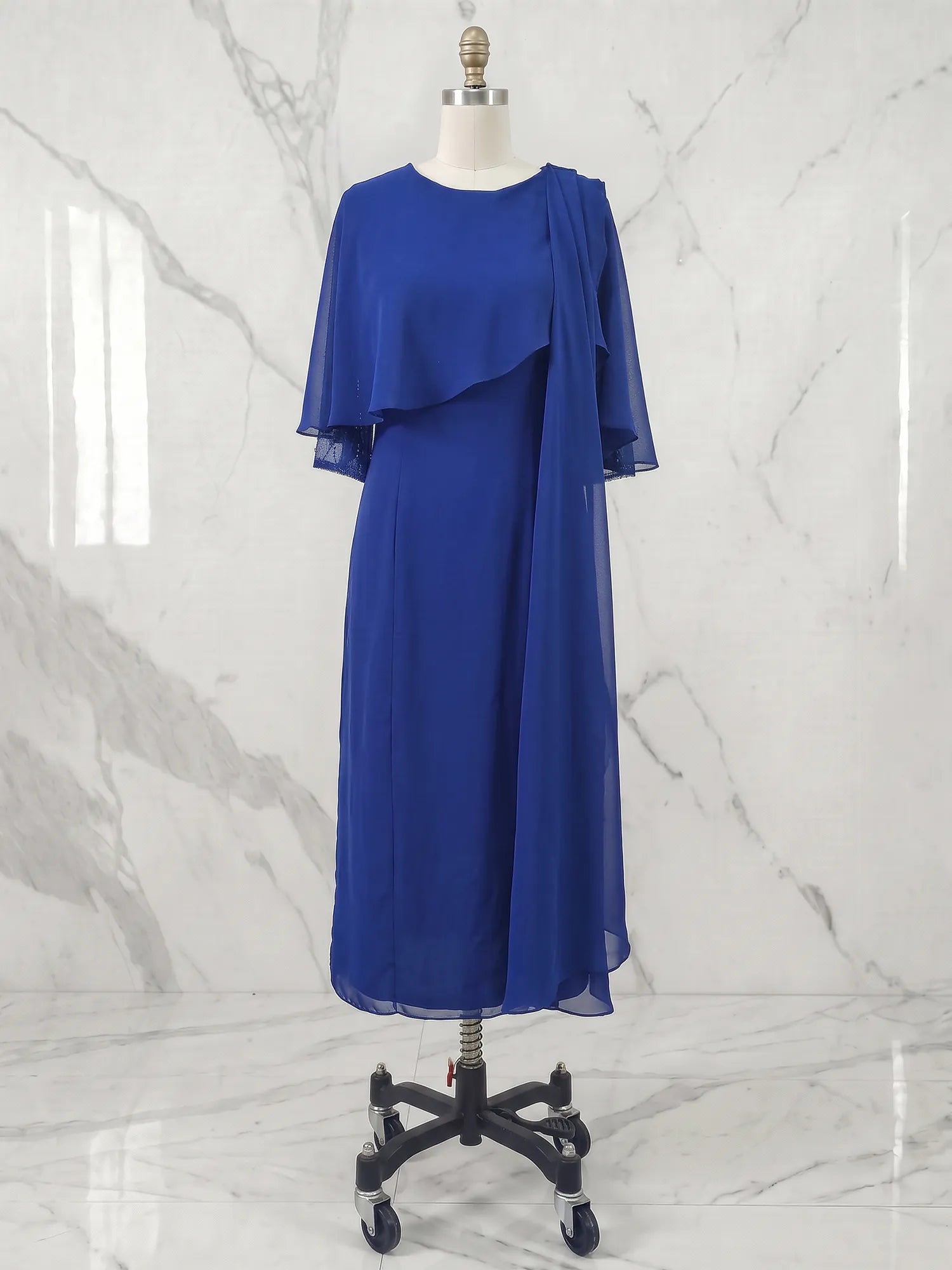 Sheath/Column Scoop Tea Length Chiffon Dress With Pleated Beading