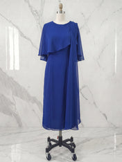 Sheath/Column Scoop Tea Length Chiffon Dress With Pleated Beading