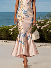Pink Floral Satin Spaghetti Gallus Mermaid Midi Dress