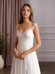 White A-Line V-Neck Sleeveless Lace Chiffon Wedding Dress