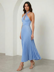 Blue Halter Neck Mermaid Chiffon Maxi Dress with Pleat