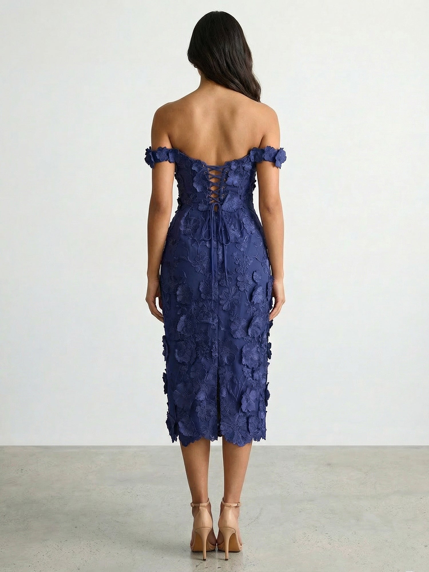 3D Floral Appliqué Off-Shoulder Midi Dress