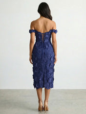 3D Floral Appliqué Off-Shoulder Midi Dress