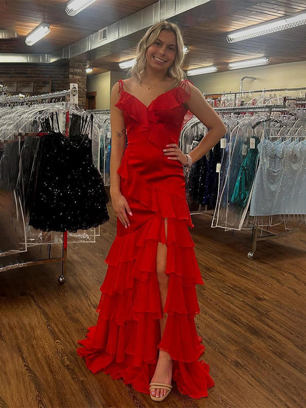 Fuchsia Mermaid Spaghetti Straps Ruffles Long Prom Party Dress