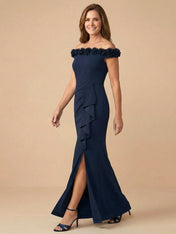 Off the Shoulder 3D Flower Mermaid Satin Mother of the Bride Dress with Ruffle