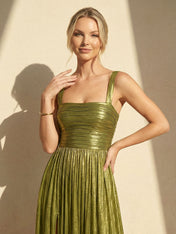 Pleat Maxi Dresses with Slit A Line Regular Straps Formal Dress