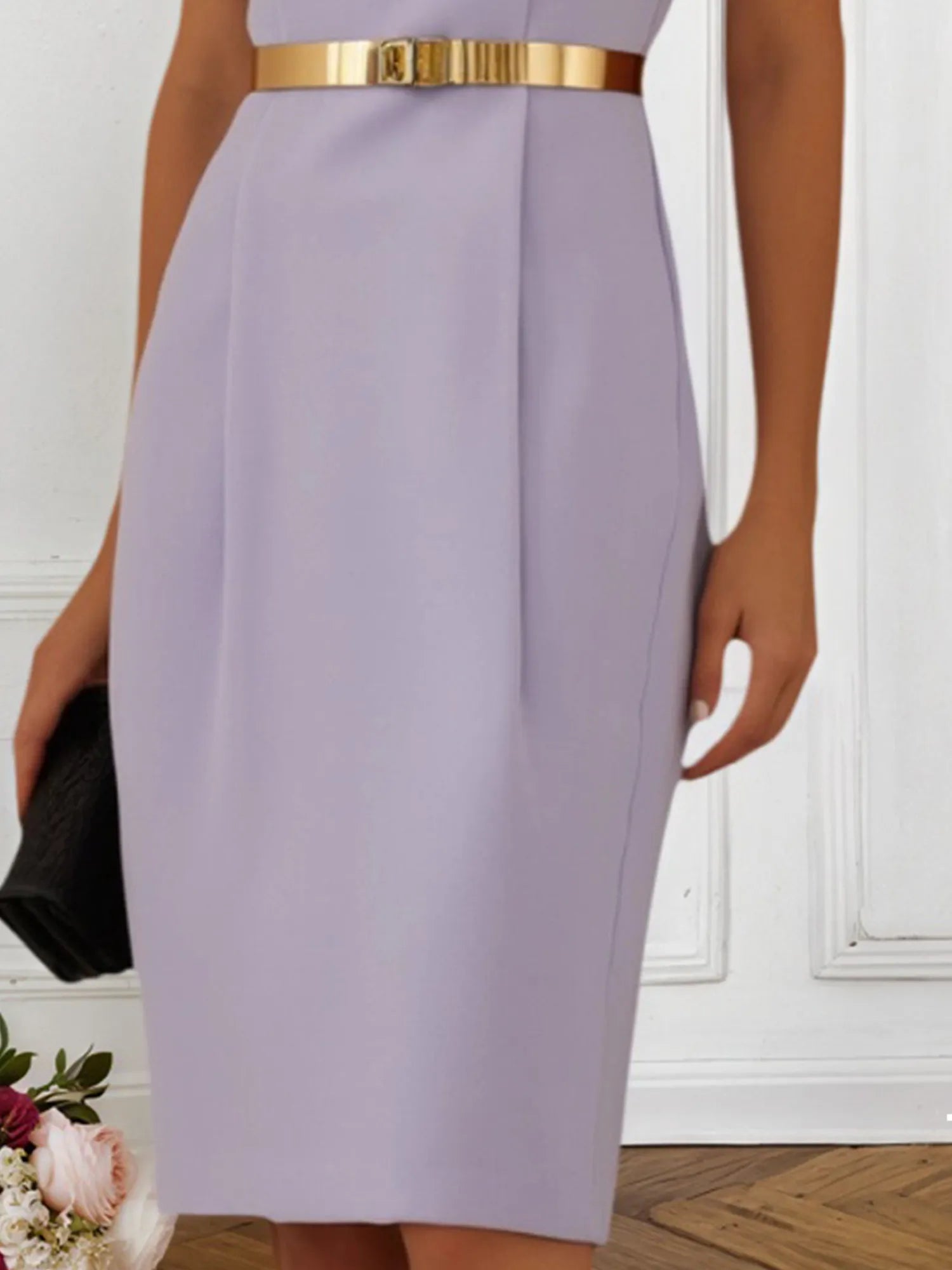 Work Dress Purple Crew Neck Belted Knee-Length Dress