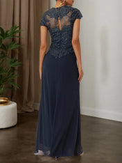 Purplish blue Sequin Lace Chiffon Dress Sweetheart Neckline Short Sleeve A-Line Maxi Mother of the Bride or Groom Dress