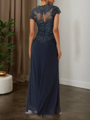 Purplish blue Sequin Lace Chiffon Dress Sweetheart Neckline Short Sleeve A-Line Maxi Mother of the Bride or Groom Dress