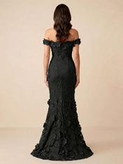 Black Off-the-Shoulder 3D Floral Mermaid Formal Gown Evening Dress