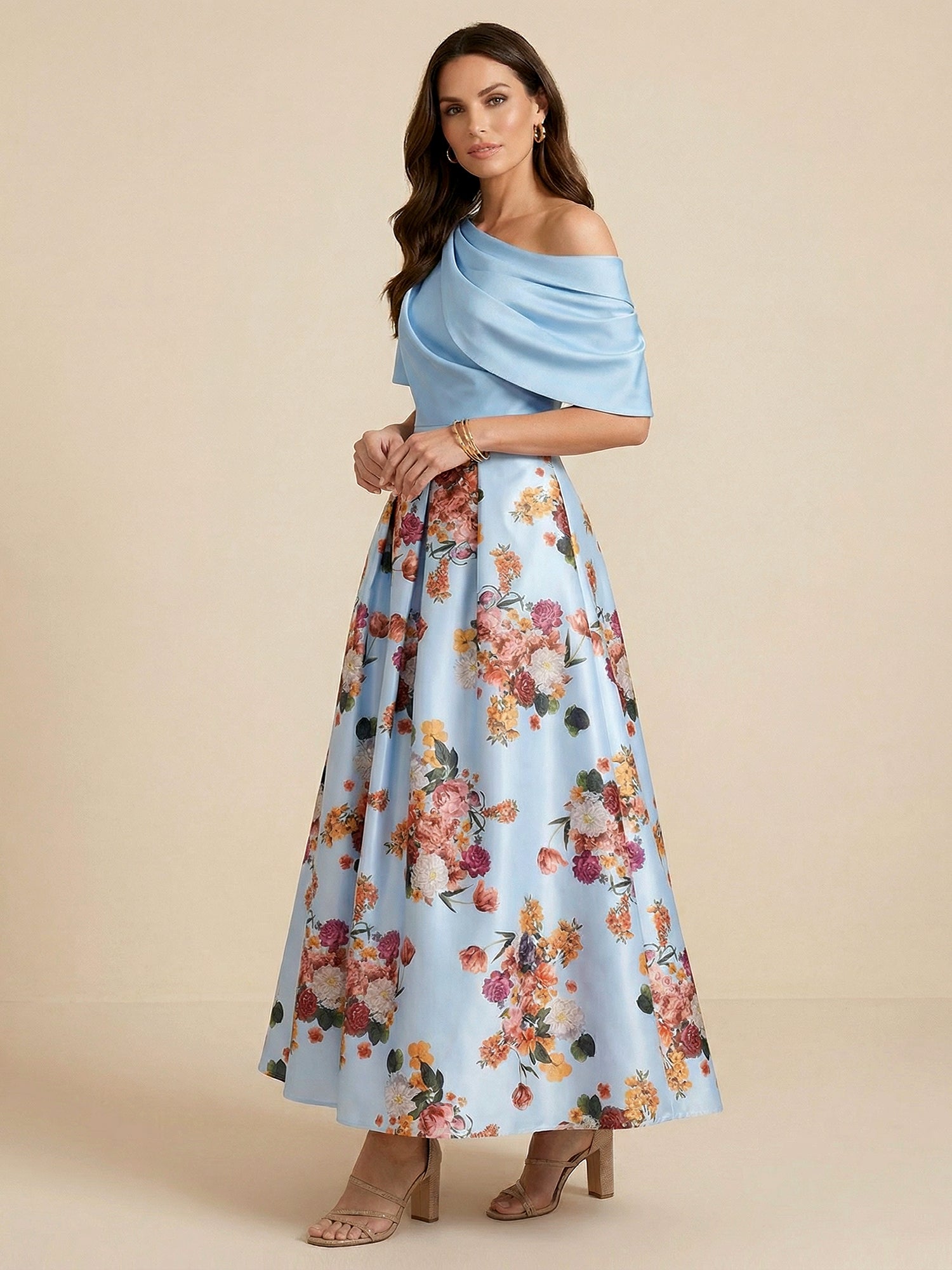 One Shoulder Floral Print Satin Mother of the Bride Dress with Pockets