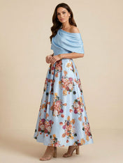 One Shoulder Floral Print Satin Mother of the Bride Dress with Pockets