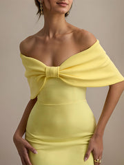 Yellow Strapless Off the Shoulder Floor Length with Oversize Bow Dress