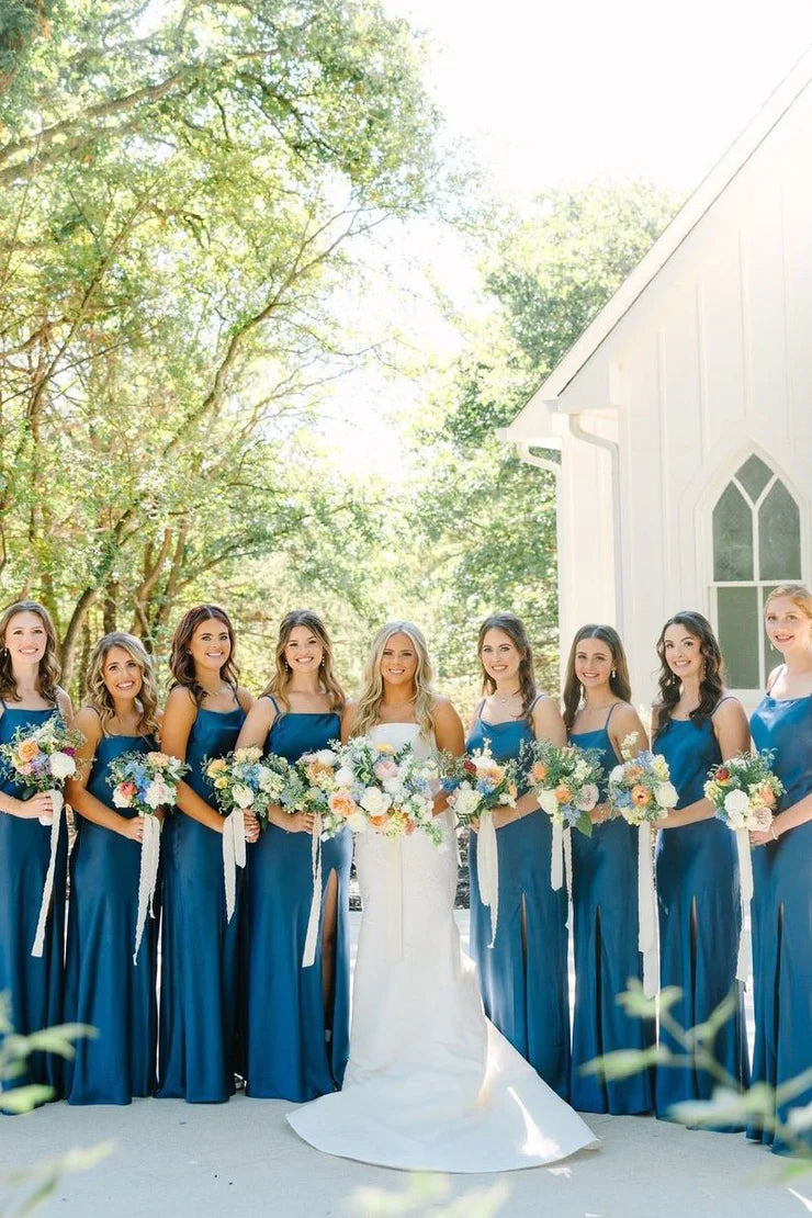 Simple Mermaid Spaghetti Straps Blue Long Bridesmaid Dresses with Bow Back