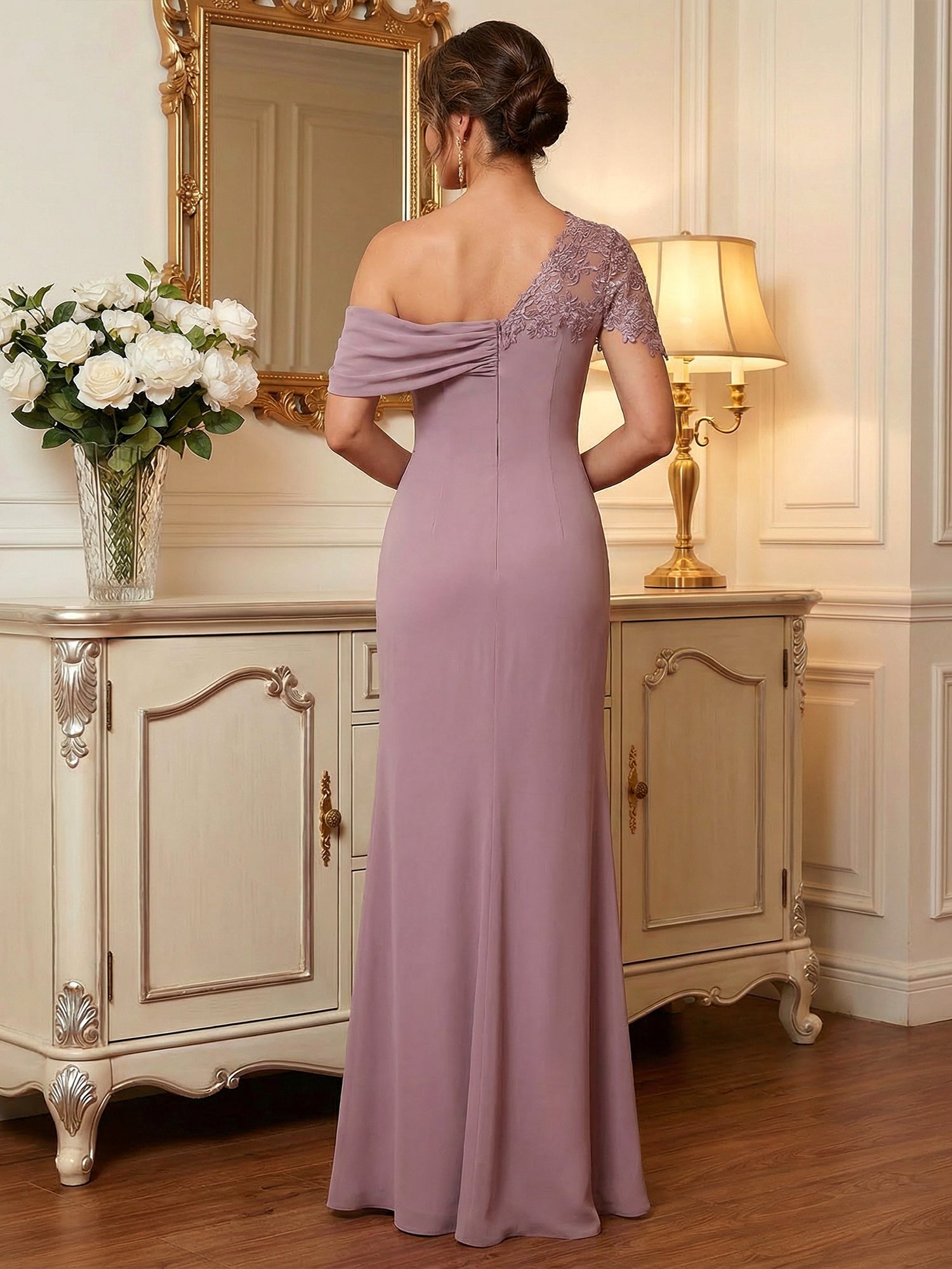 One-Shoulder Short Sleeve Floor-Length Chiffon Mother of the Bride Dress With Lace Appliqué