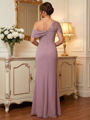 One-Shoulder Short Sleeve Floor-Length Chiffon Mother of the Bride Dress With Lace Appliqué