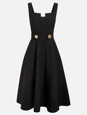 Black Buckle Notched Sleeveless A-Line Midi Dress