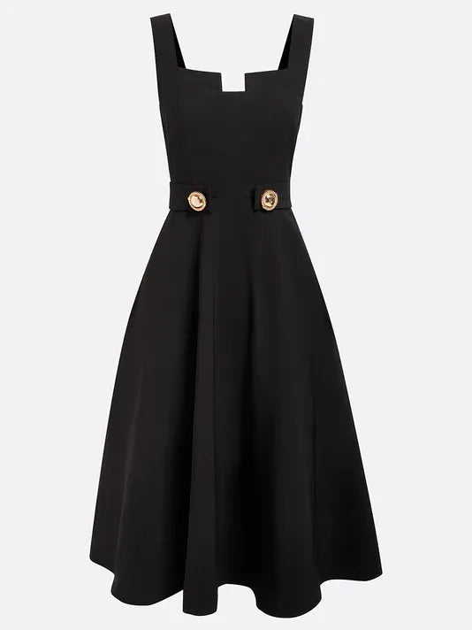 Black Buckle Notched Sleeveless A-Line Midi Dress
