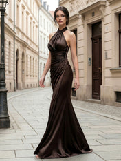 Brown Halter High Neck Ruched Satin Gown Mermaid Evening Dress