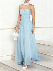 Light Blue Ruched Slit Tulle Strapless Sleeveless A-Line Gown Dress