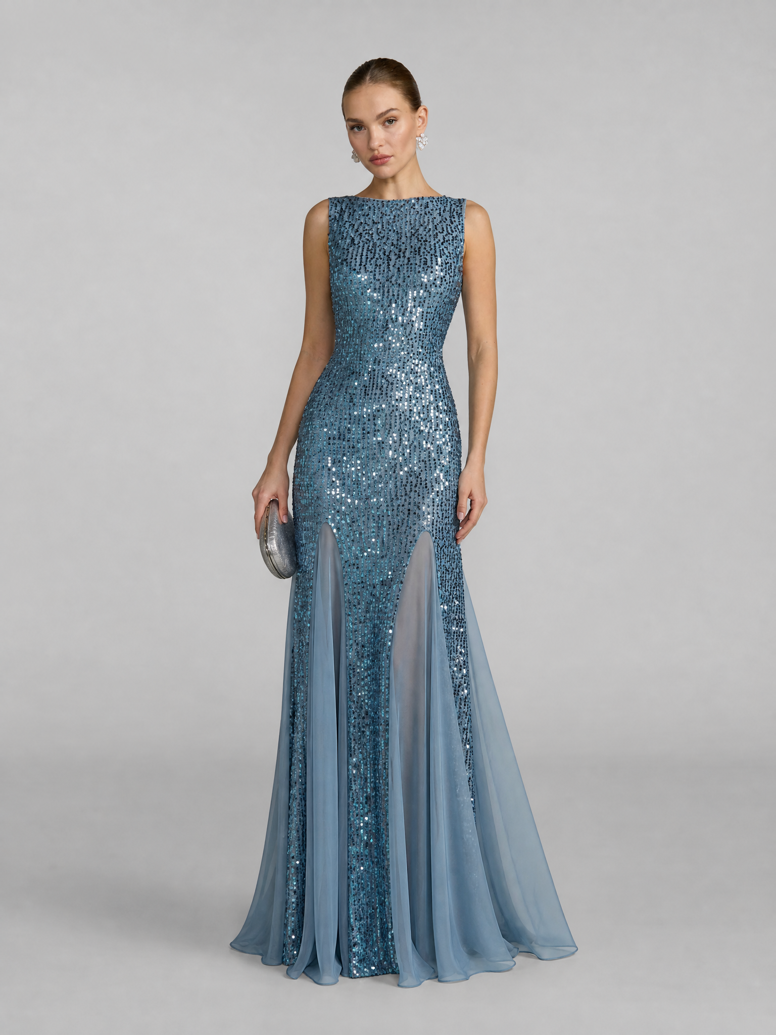 Sequin Column Boat-Neck Floor-Length Evening Dresses with Cowl Back