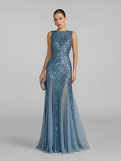 Sequin Column Boat-Neck Floor-Length Evening Dresses with Cowl Back