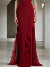 Evening Formal Dress Red Off-The-Shoulder Chiffon Maxi Gown