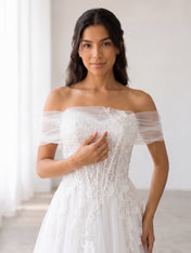 Elegant Off-the-Shoulder White Lace A-Line Wedding Dresses with Corset and Chapel Train