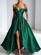 Formal Dress A Line Satin Off The Shoulder Slit Maxi Dress