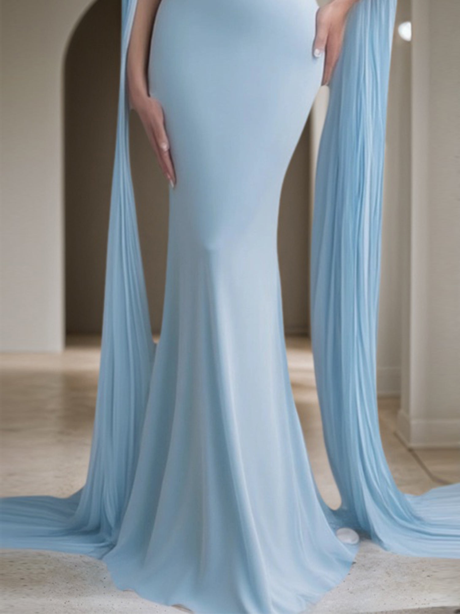 Formal Evening Dress Blue Cape Maxi Mermaid Dress