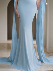 Formal Evening Dress Blue Cape Maxi Mermaid Dress