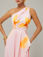 Orange Pink Floral One Shoulder Slit A Line Gown